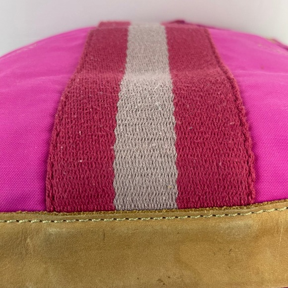 Fossil Key-Per Tote Bag Large Pink Canvas Leather Stripe Barbiecore Carry All - Picture 6 of 14